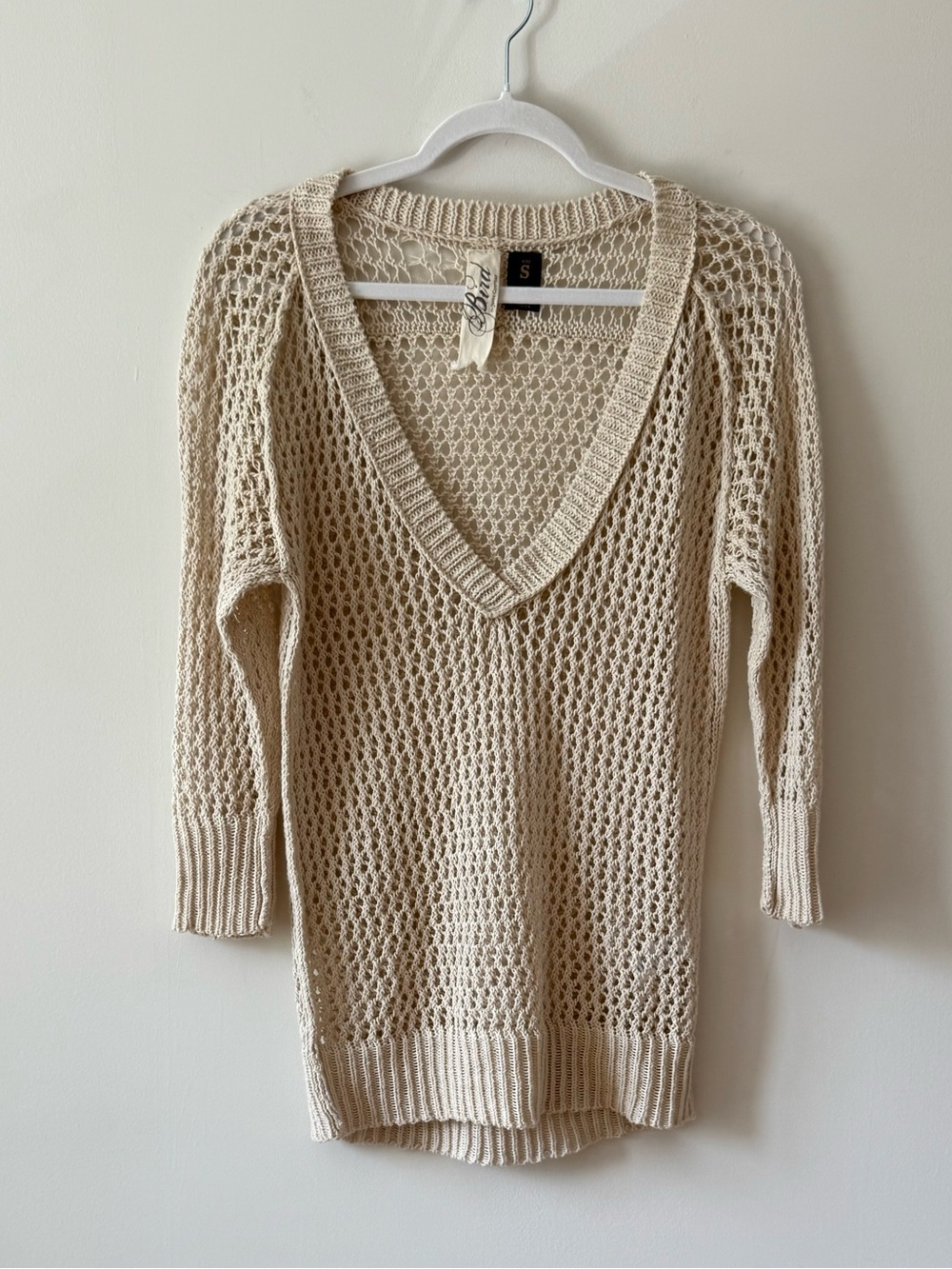 Juicy Couture Bini Open Knit Deep V Boho Sweater Cover Up Size S Cream